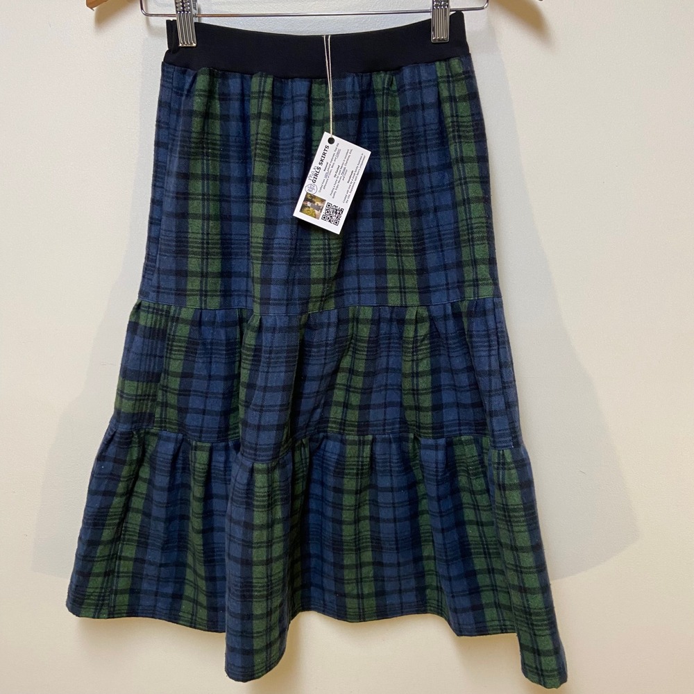Girls Flannel Mom and Pop's Kids Maxi Skirt 10/12 Blue Green Plaid Tiered Cotton